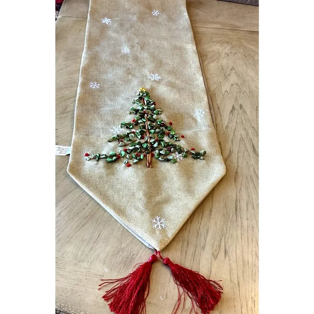 Christmas Table Runner Gold Sparkle Ribbon Embroidered Tree Tassels XMAS 72 X 13